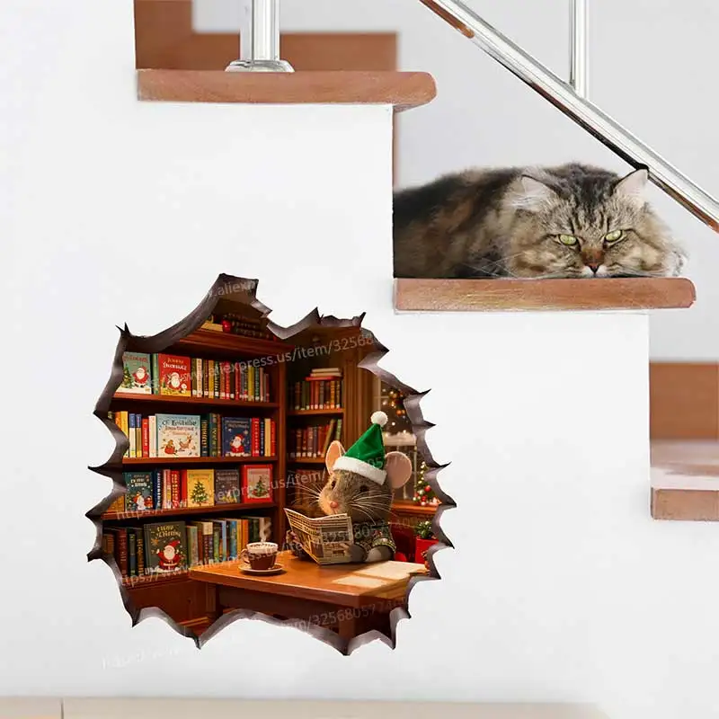 Cute Christmas Mouse Hole Wall Sticker Toilet Lid Stickers Bedroom Entrance Living Room Porch Home Decora Waterproof Decal M1459