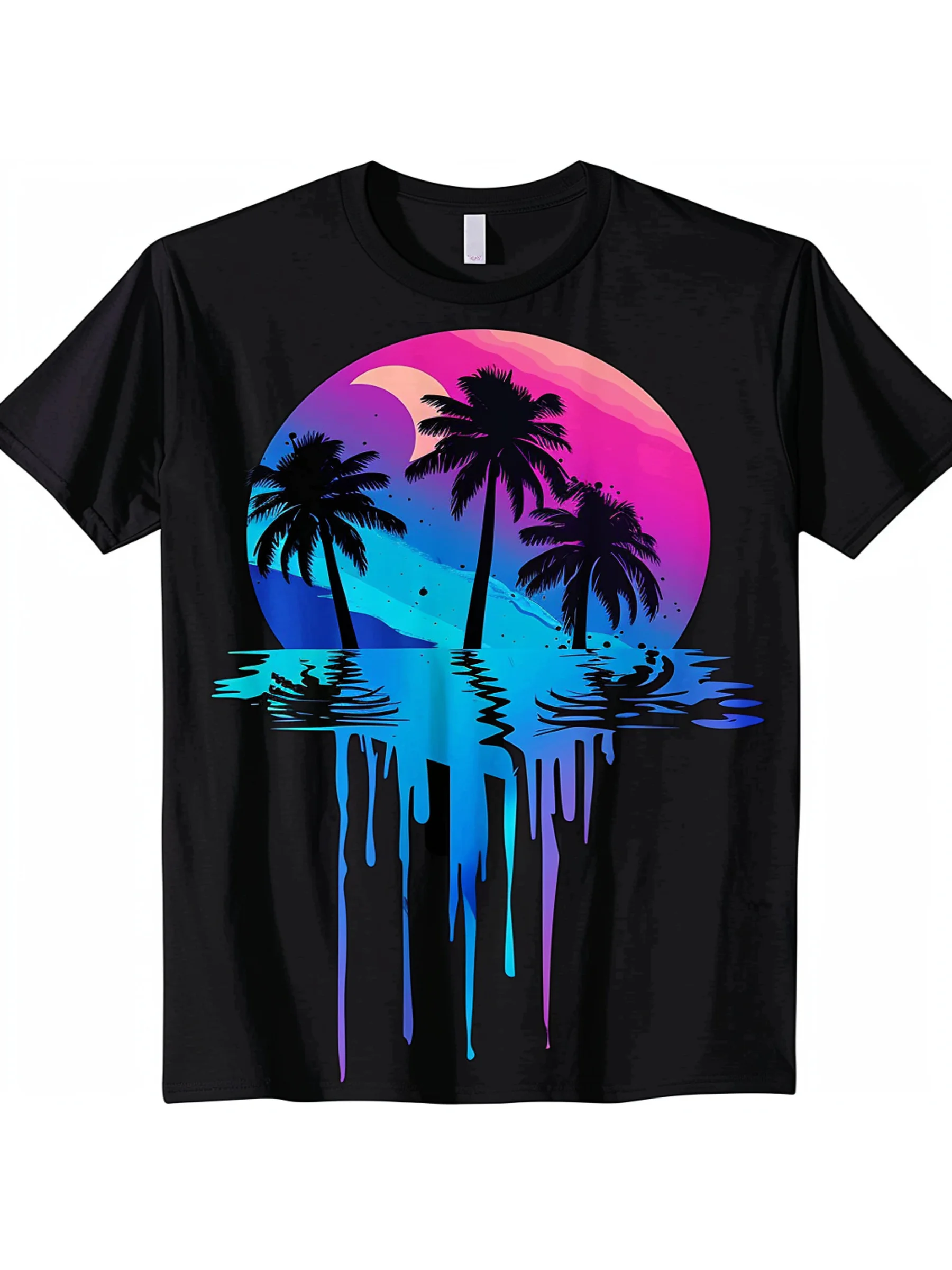 Men's Tropical Graphic T-Shirt - Soft Crew Neck Shirt with Palm Tree Sunset Design in Pink, Blue, Purple - Lightweight Everyday Casual Tee for Beach, Parties, Everyday Outfits - Machine Washable Regular Fit Shirt, Beach T Shirt