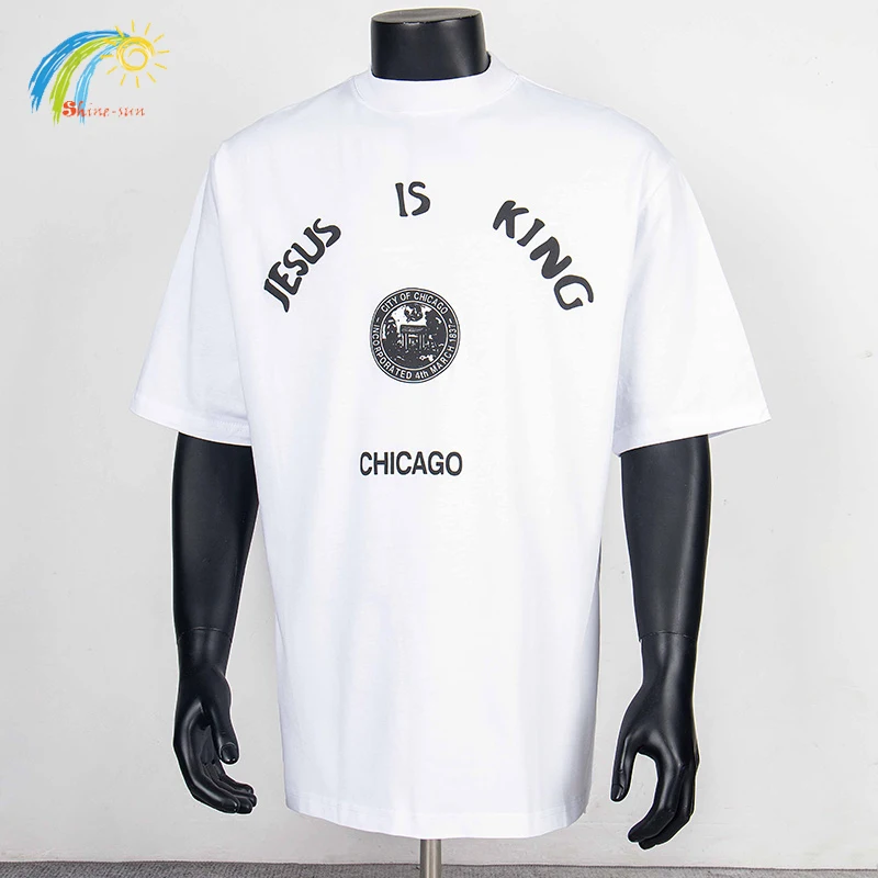 

Мужская и женская повседневная модная черно-белая футболка Kanye West, лучшее качество, хлопковая пена, логотип, футболка с принтом «Иисус — король», свободная футболка