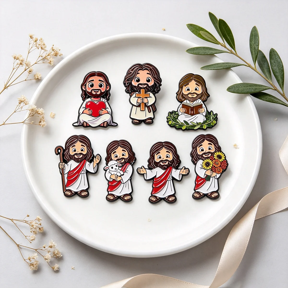 7-teiliges Set Kawaii Cartoon Jesus Glaube Kreuz Metall-Emaille-Pins Abzeichen für Rucksack Kleidung Accessoires Schmuck Geschenk für Freunde – Detail 5