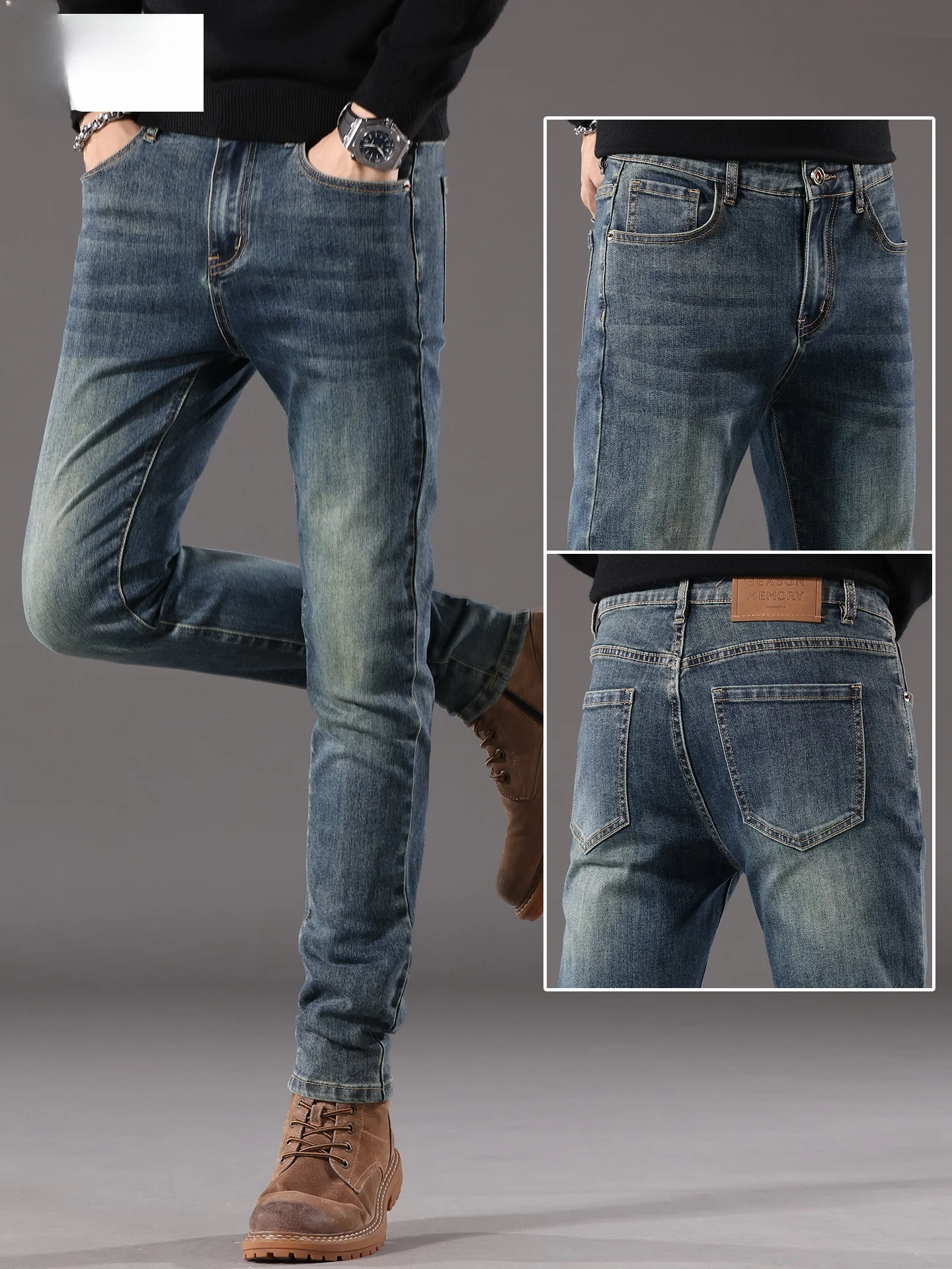 

Spring Season High-End Vintage Men's Jeans Slim Fit Straight Leg Casual Pants Comfortable Cotton Stretch Denim Trendy Brand