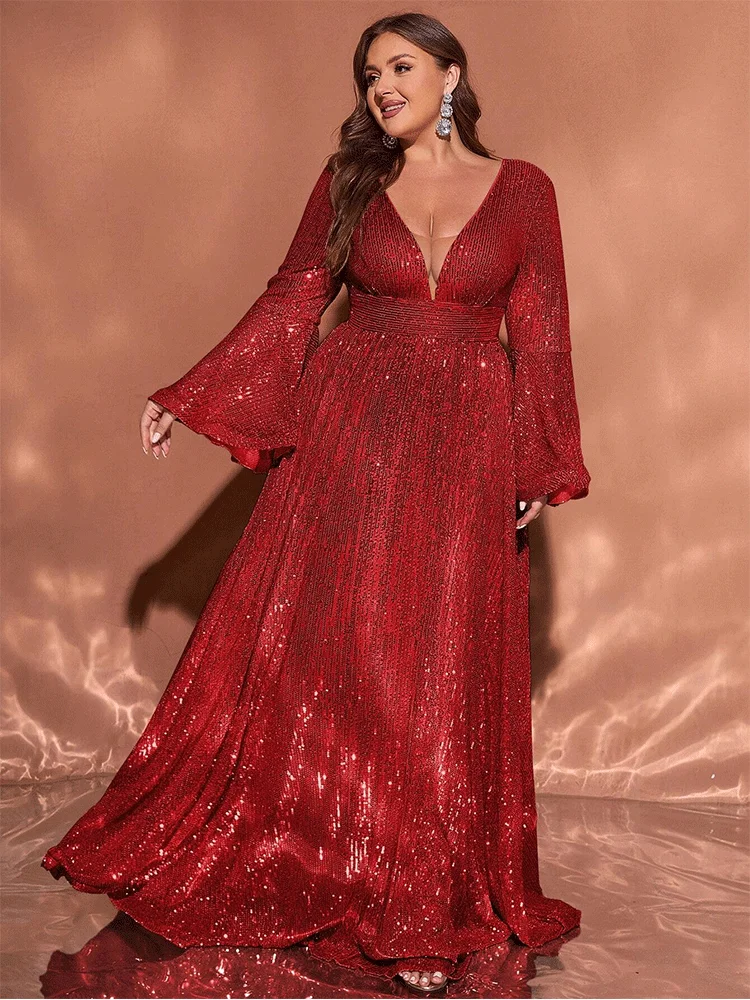 Plus Size V-Neck Sequined Long Sleeve Shiny Apricot Banquet Wedding Evening Dress 4xl 5xl Bigsize Floor-Length Evening Dress