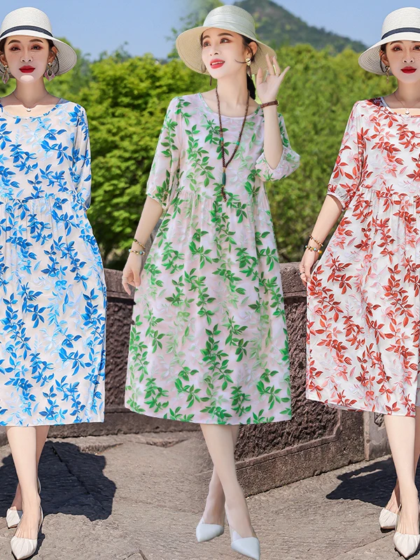 Casual Cotton Silk Dr Women's Loose Midi Knee-Length Wide Hem Summer Middle-Aged Ethnic Sle Five-Sve A-Line Dr