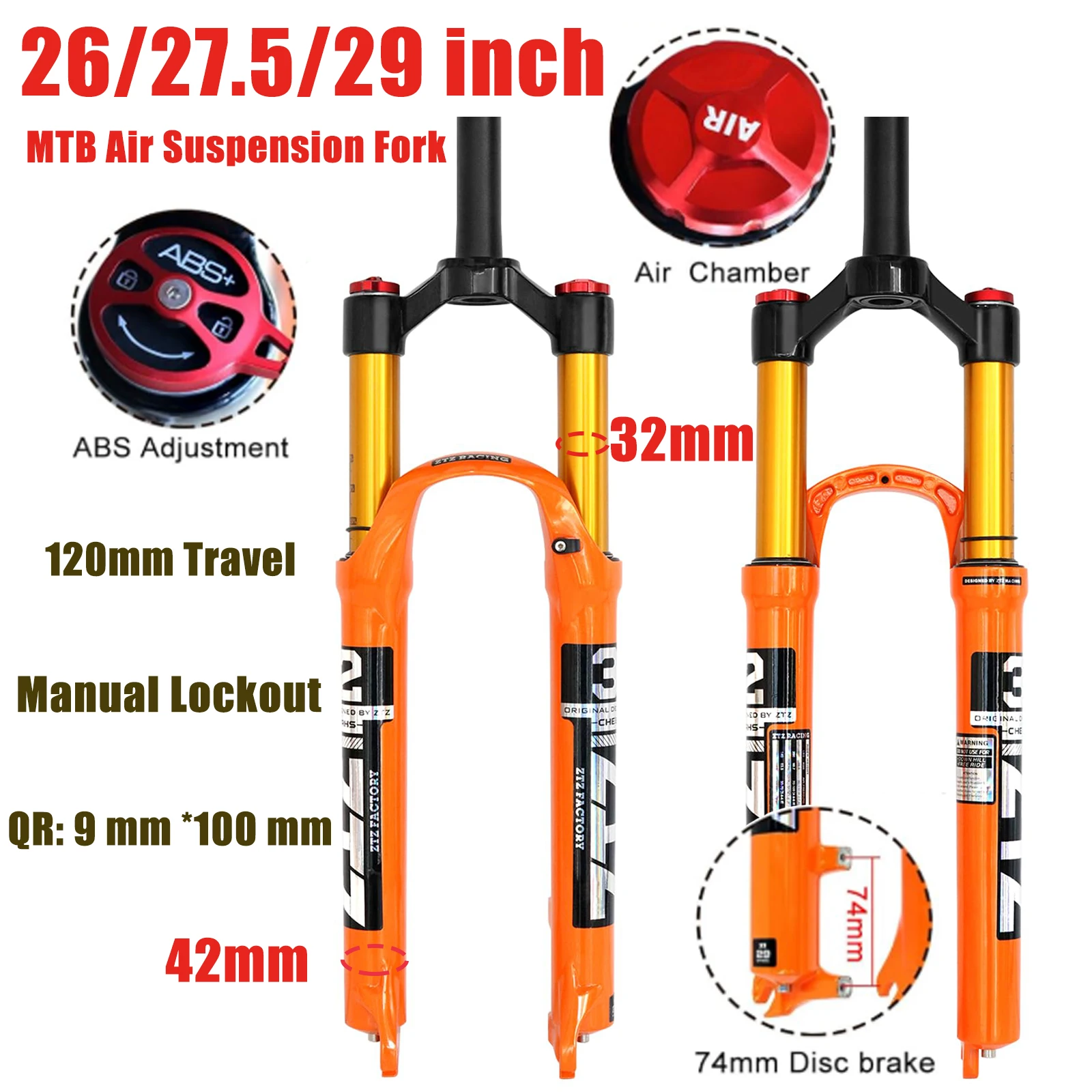 

B Bolany 26/27.5/29 inch MTB Air Suspension Fork 120mm Travel 28.6mm 1-1/8 Straight Tube, QR 9mm*100mm Manual Lockout for XC AM Mountain Bicycle Front Forks