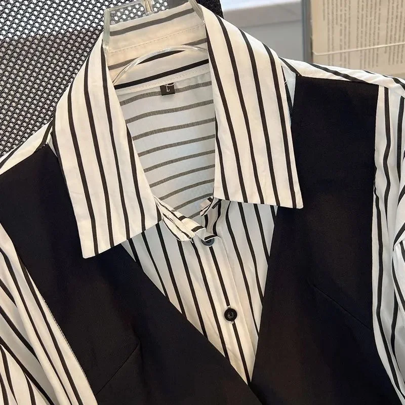 

Autumn Women Fashion Stripe Shirt Ladies Loose Fake Two Pieces Cardigan Blouse Korean Female Patchwork Tops
