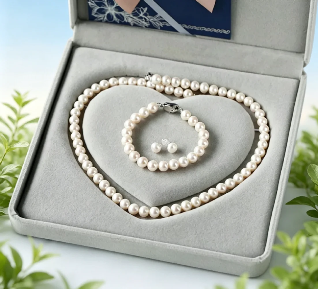 

Classic Set/AAAA8-9mm Natural Pearl Necklace 18in+Earrings Bracelet 7.5-8in/925s Button