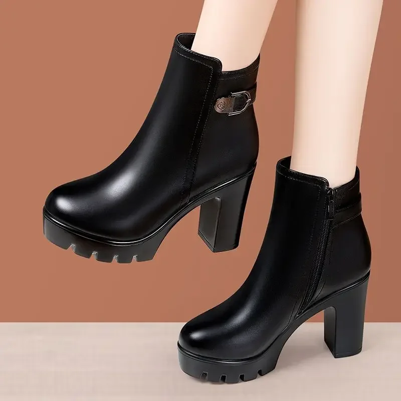 

10cm Small Size 33-43 Fashion Thick Bottom Block High Heels Shoes Ankle Boots 2024 Fall Winter Soft Leather Boots Office Mom