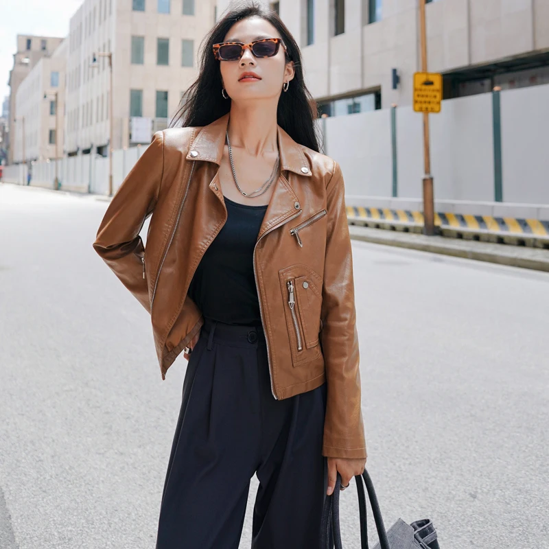 Women Brown Black Slim Short Faux Leather Jacket 2024 Spring Autumn Zipper Lapel Long Sleeve Biker Jackets Streetwear Fashion