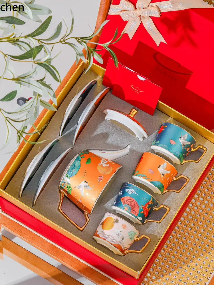 

H1coffee cup and saucer set - perfect birthday, housewarming, or new home gift - modern chinese style afternoon tea set gift box