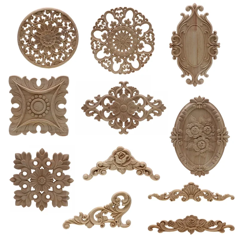 Natural Wood Floral Wooden Carved Wooden Figurines Crafts Corner Appliques Frame Wall Door Furniture Wood Carving Decoration