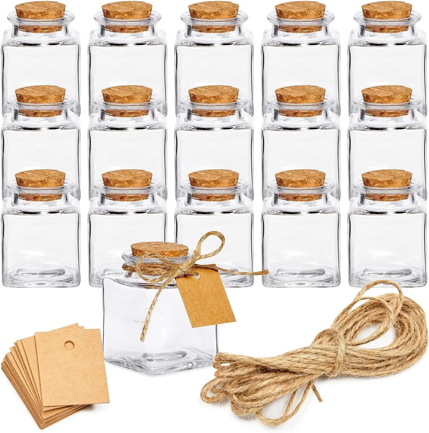 12/24Pack Small Glass Bottles with Cork, 1.7 oz/50ml Mini Jars with Twine and Blank Tags for Gift Favors, Spices, Crafts