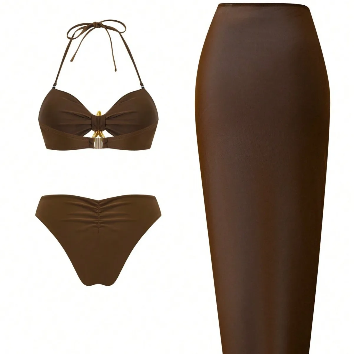 Women Three Piece Starfish Decor Bandeau Bikini Set Solid Color Swimwear with Wrap Cover Up Skirt for Beach Pool Summer Vacation