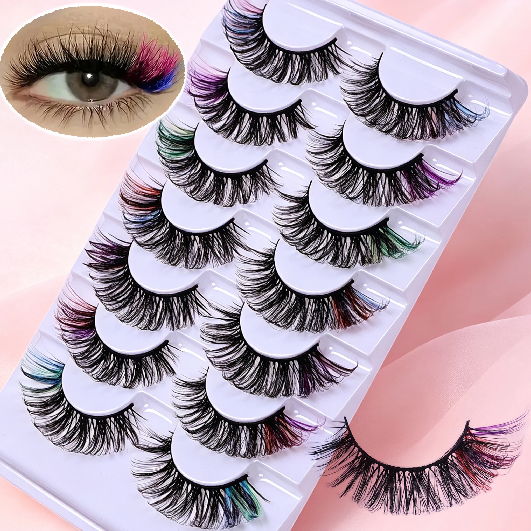 7 Pairs Vibrant Rainbow Gradient False Eyelashes D Curl Colored Fake Lashes Reusable for Cosplay Party Festival Eye Makeup