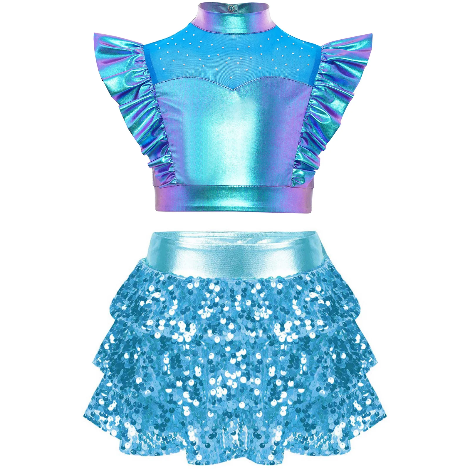 

Kids Girls 2Pcs Jazz Dance Costume Rhinestone Sleeveless Metallic Ruffle Crop Top with Culottes for Jazz Dance Stage Performance