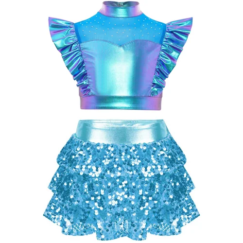 Traje de baile callejero de Jazz con lentejuelas para niñas, Top corto brillante con falda Unitard escalonada, trajes de porristas de baloncesto escolar