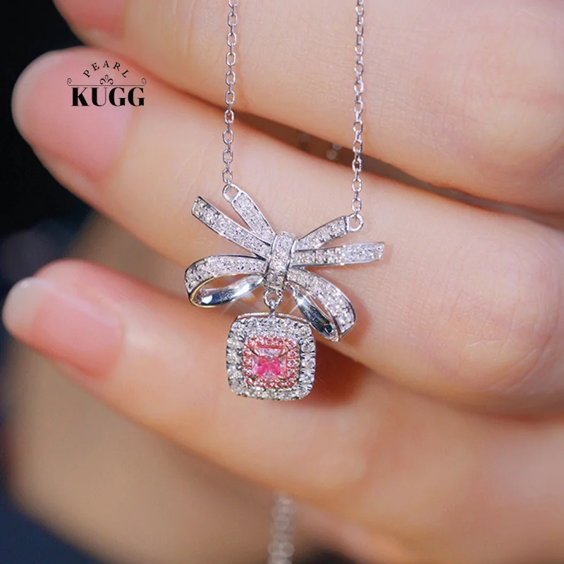 KUGG 100% 18K White Gold Necklace Real Natural Pink Diamond Pendant Necklace for Women Romantic Style High Engagement Jewelry