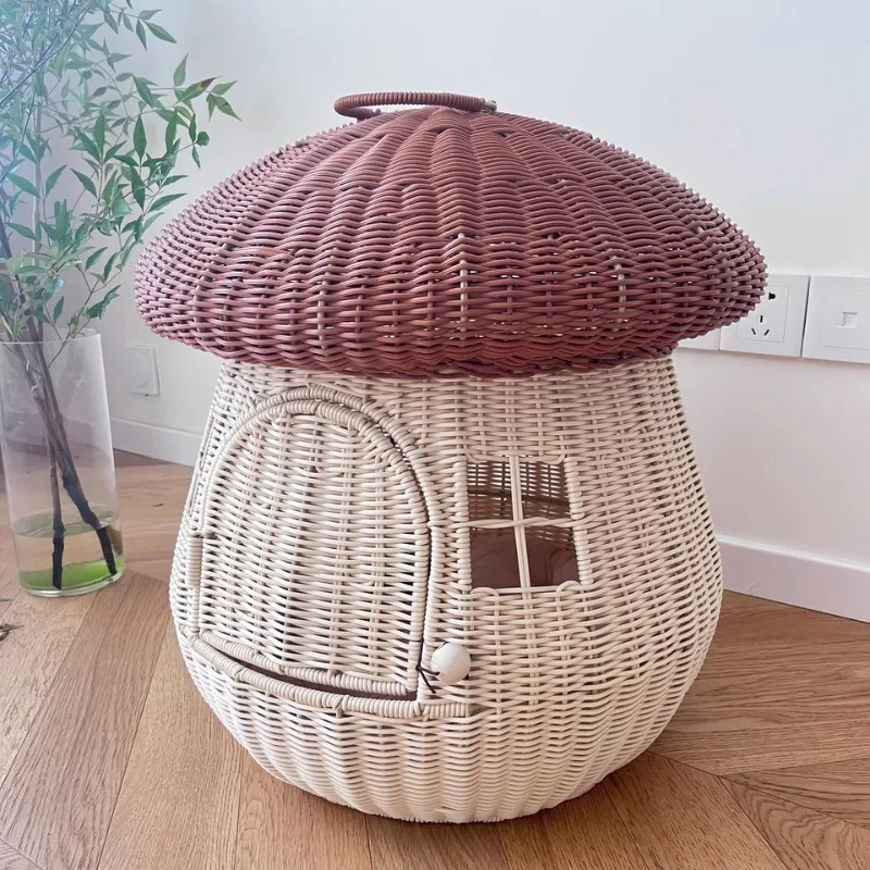 

Four-Season Universal Cat House Imitation Rattan Woven Cat Condo Cozy Mushroom-Shaped Kitten Nest Comfortable Pet Bed