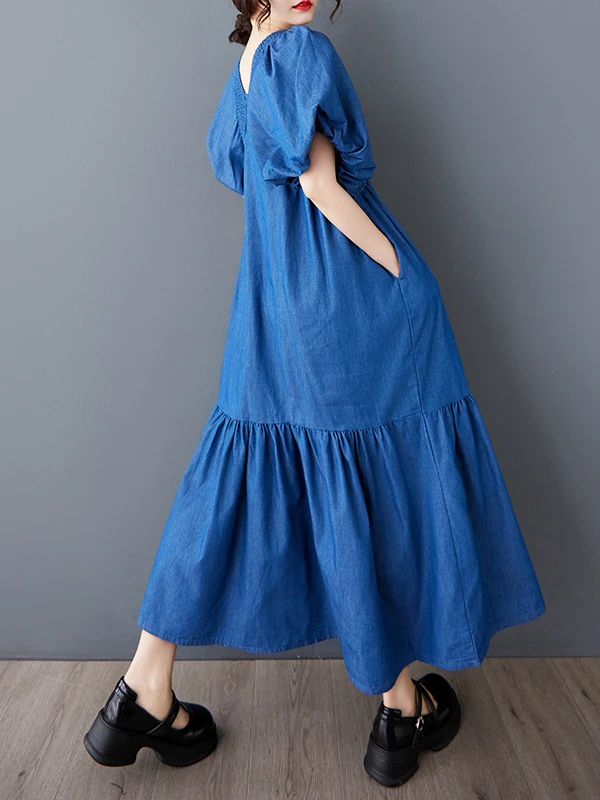 Vestido longo jeans estilo Hepburn da moda com mangas bufantes, decote em V, cintura solta, manga curta, peça única, novidade...