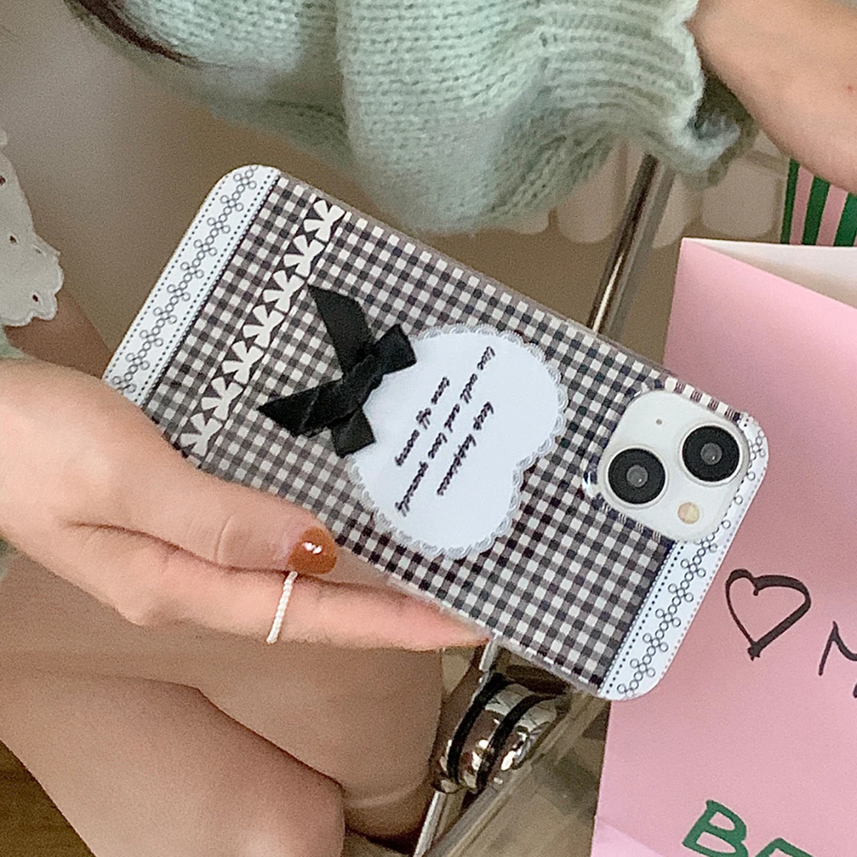 

Cute Checked Bowknot Glossy Two-sided IMD Back Cover For iPhone 15 13 14 12 Pro Max Shockproof Clear Frame Phone Cases For Girls