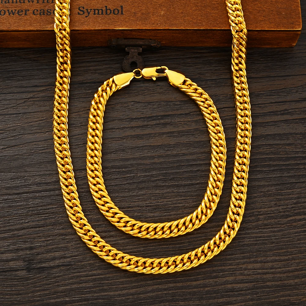 Bangrui Width 7mm Cuba Link Chain Gold Color Necklace&Bracelet for Men Women Jewelry Gift