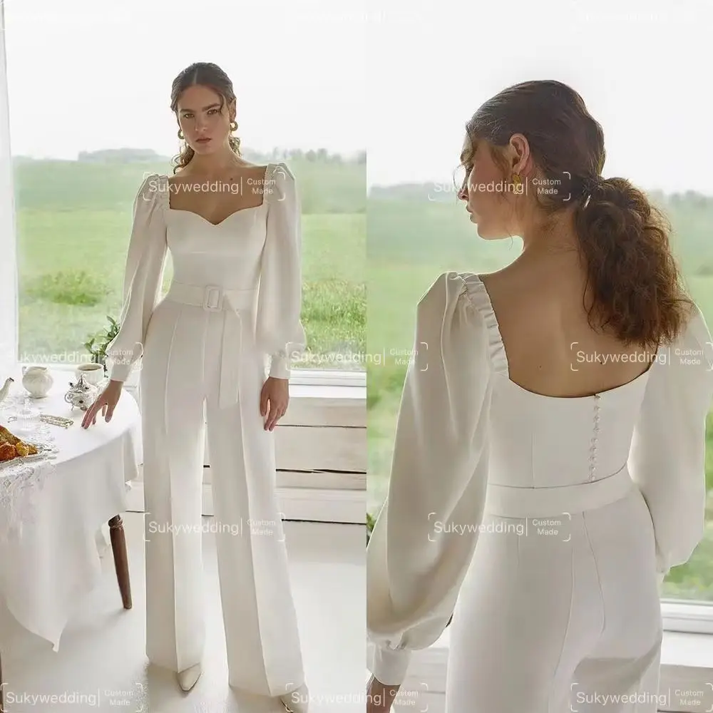 

Elegant Wedding Jumpsuit dress with Long Sleeve Squre Neck Beach Bohemian Outdoor Bridal Dress Pant Suit vestidos Customized