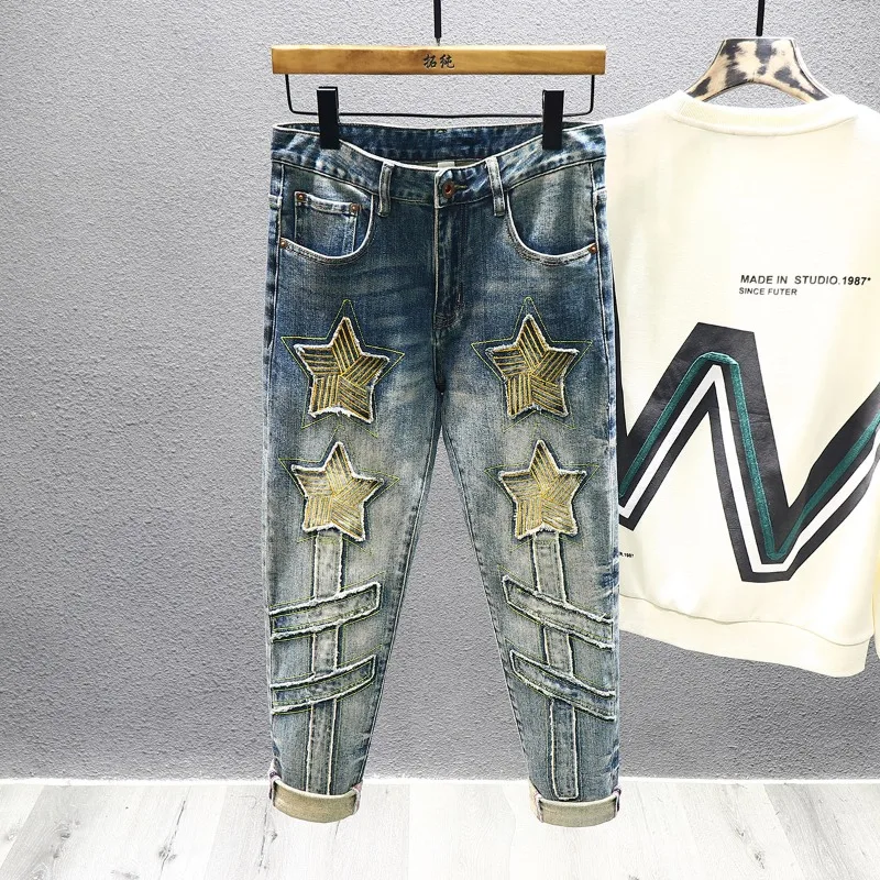 New Embroidery Stars Designer Splicing Jeans Men\'s Korean Fashion Retro Distressed Patchwork Stretch Slim Male Denim Trousers