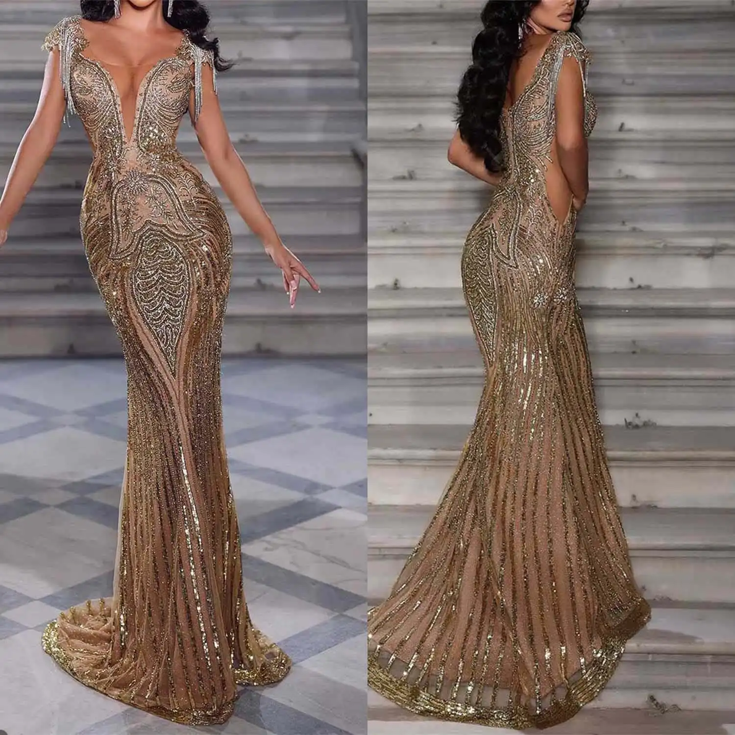 Gorgeous Evening Dresses Mermaid Backless Cut-out Sequined Court Gown Party dresses Vestido De Noite Custom Made