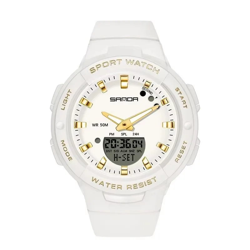 SANDA 6005 Women's Casual G-style Quartz Watch Sports Waterproof Wristwatches Dual Time Fashion White Clock Lady Digital Watches