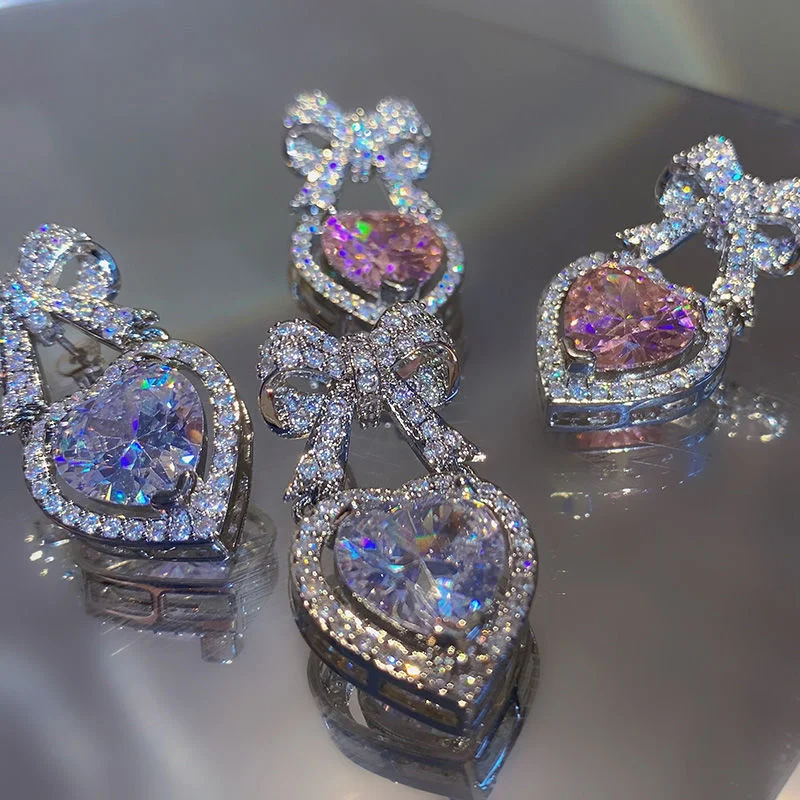 جديد أنيق الحلو الوردي الزركون القلب إسقاط أقراط للنساء الفاخرة رائعة Bowknot كريستال أقراط Y2K الجمالية مجوهرات هدية