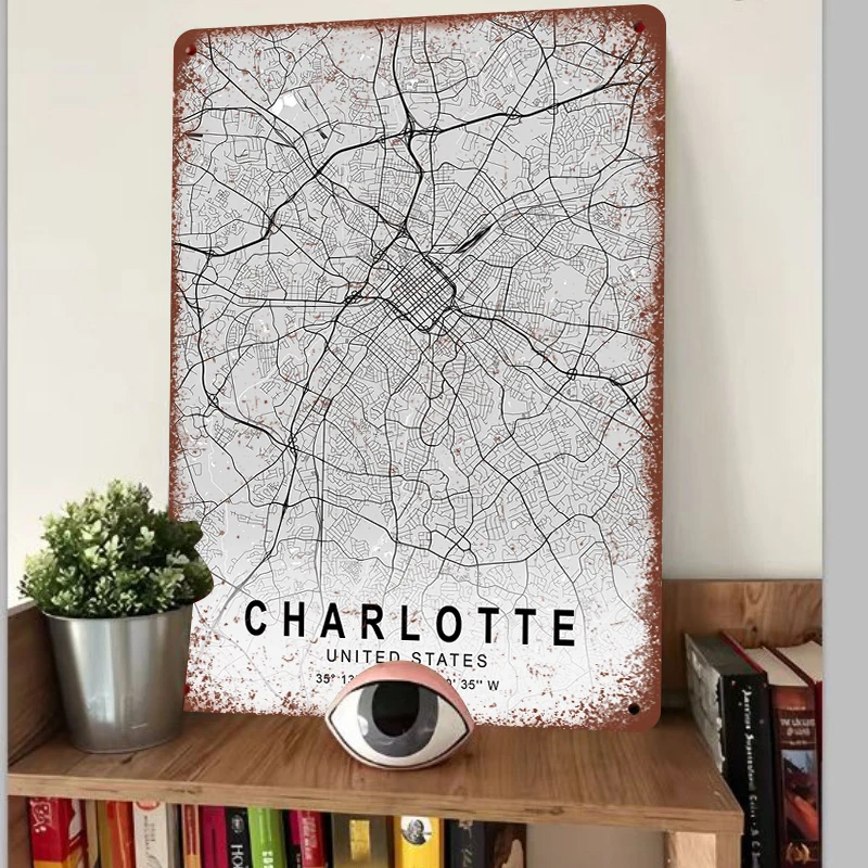 Charlotte United States City Map Metal Artwork Modern Urban Decor for Living Room Office