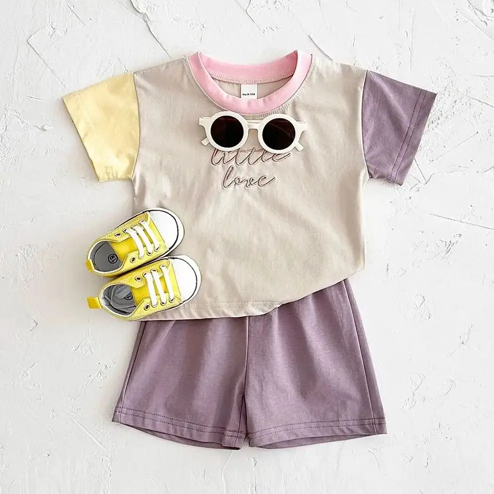 2024 New Baby Girls Clothes Set Casual Embroidered Letters Color Patchwork Short Sleeved T-shirt+loose Shorts Summer Boys Suit