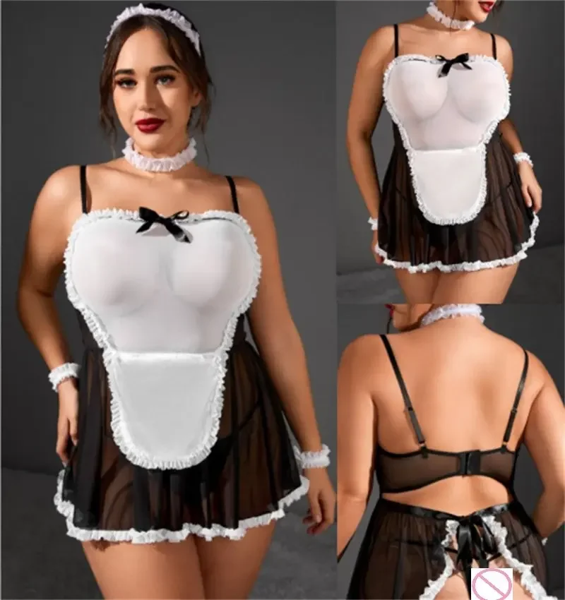 Venta al por mayor de vestido de lencería de sirvienta de juego de rol de talla grande Sexy para mujer, disfraces de sirviente de Cosplay transparentes de malla de talla grande para mujer, ropa XXL