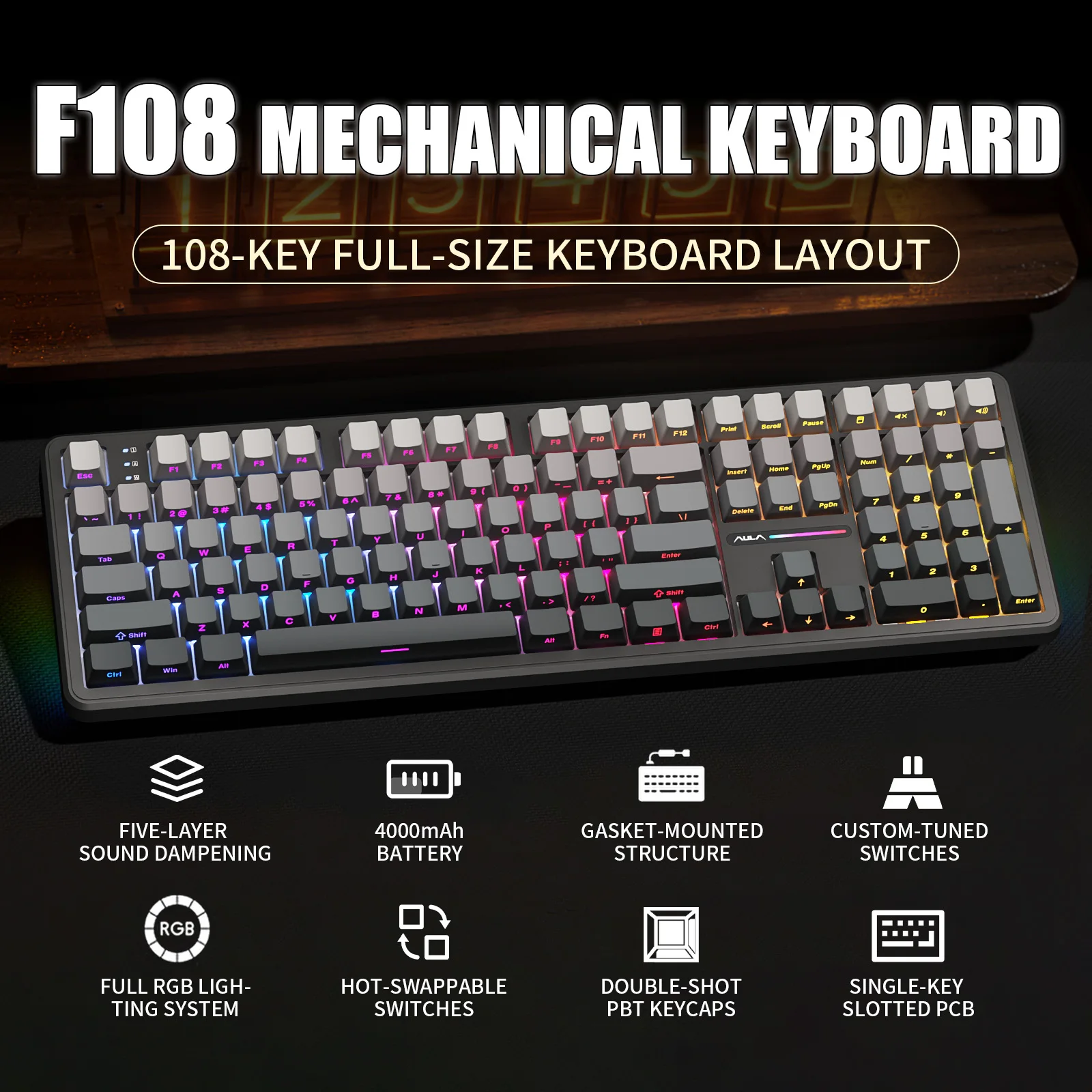 

AULA F108 Mechanical Keyboard Custom Gaming Wireless Keyboard with RGB Lighting Wireless Bluetooth Hifi Switch