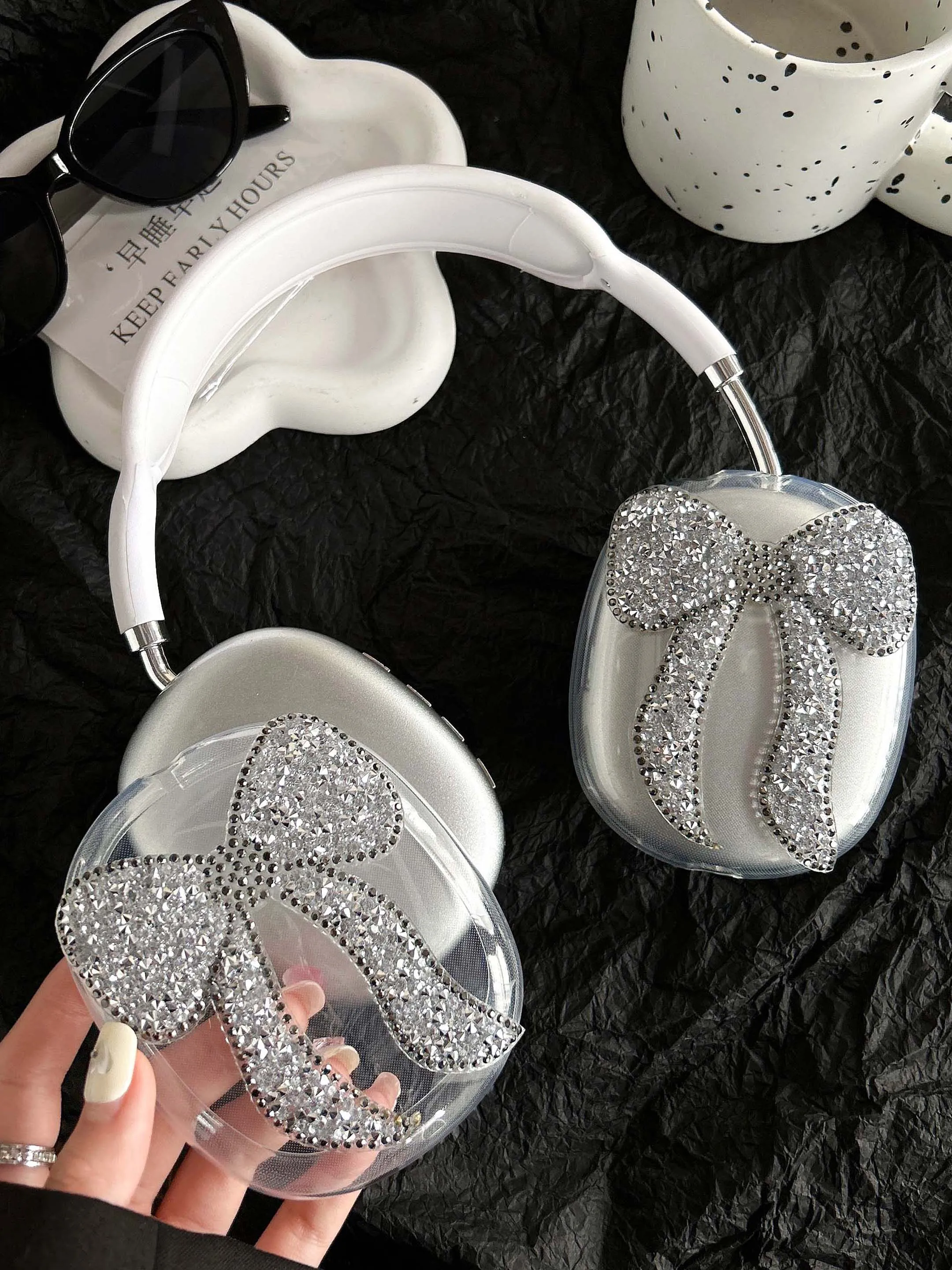 Blingbling glitter shiny bow white ins protector soft silicone earphone case for apple airpods max 2024 new headset cover