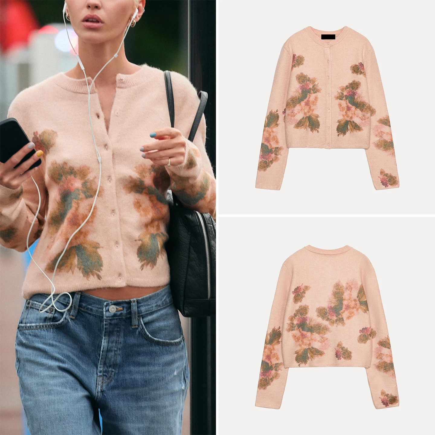 Women's Fashion Knitted Jacket Long Sleeve round Neck Floral Print 2026 New Autumn Collection Standard Fit Zadata Short Outer...