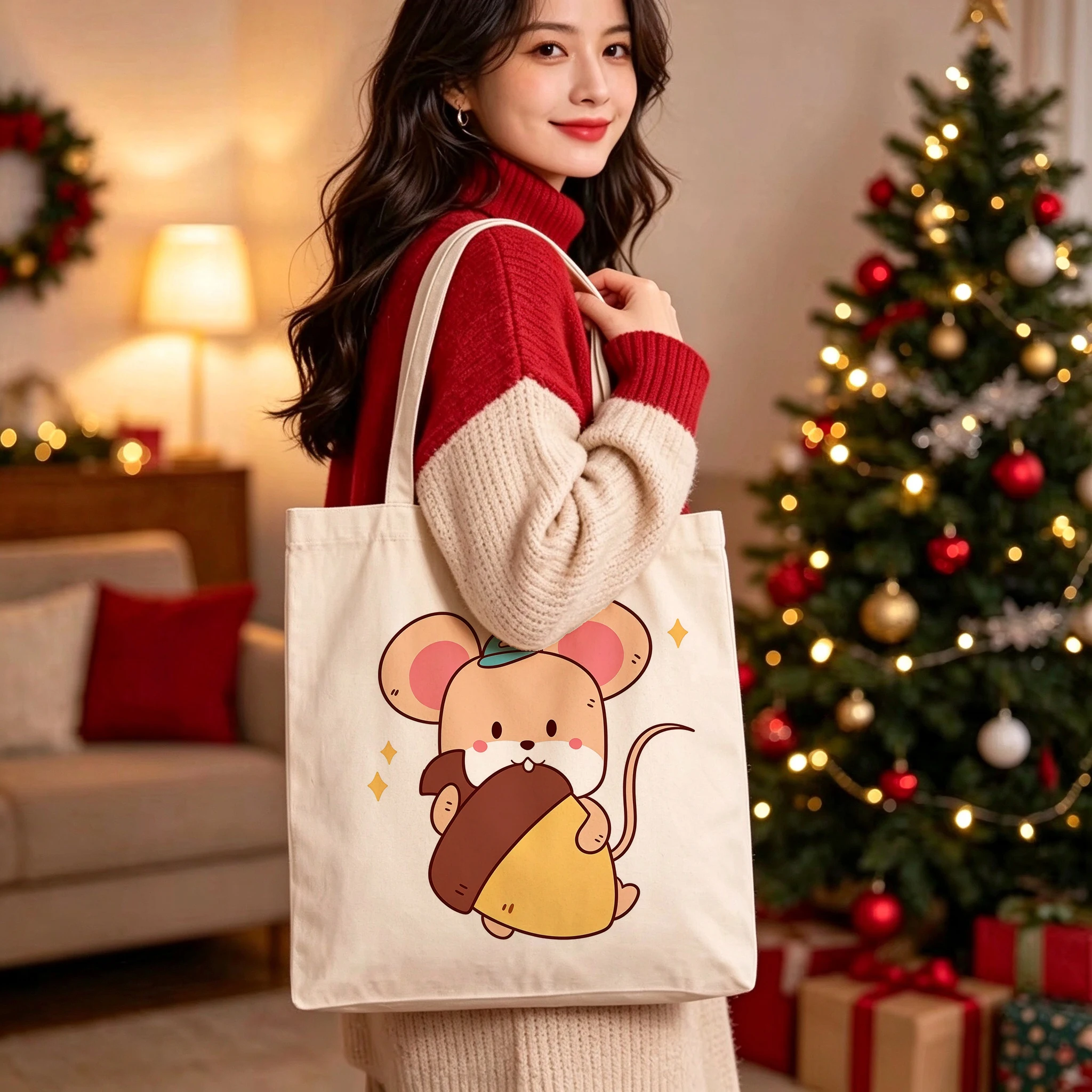 Personalized Cute Mouse Canvas Tote Bags Custom Name Little Kawaii Cartoon Cheese Grocery Shopping Bags Reusable for Women Gifts