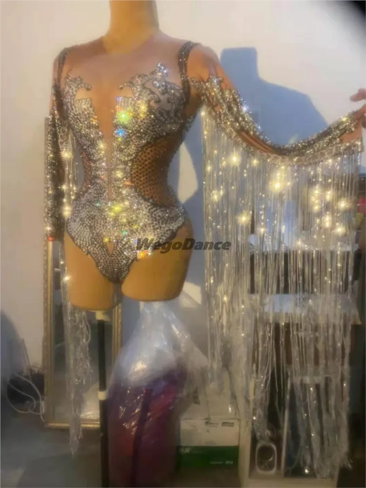 

Sparkling Silver Rhinestone Sequin Tassel Bodysuit Women Bodycon Stage Fringe Leotard DS Singer Wear