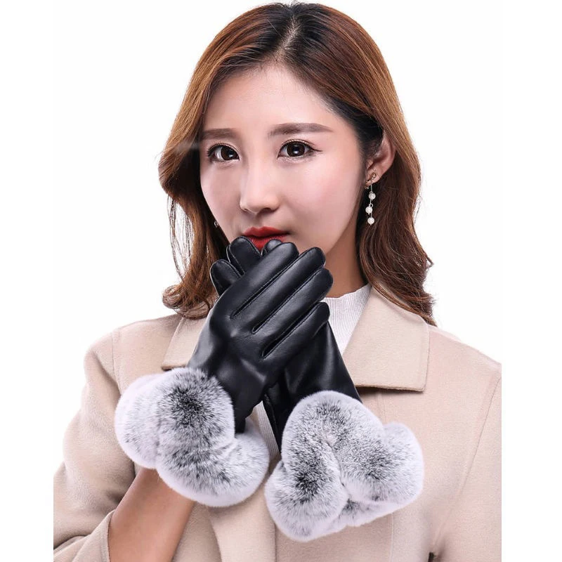 Guantes cálidos de piel de conejo para mujer, mitones cálidos de cuero PU negro, otoño e invierno, 1 par