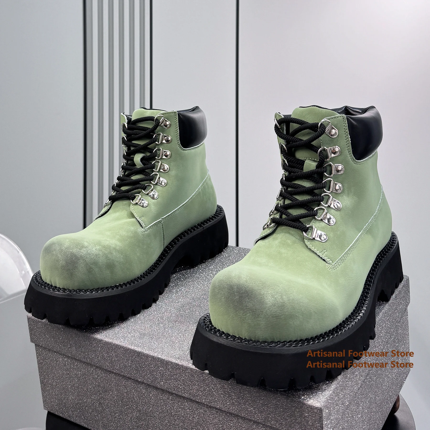 Thick-Soled High Top Men's Boots Spring New Style Height Increasing Lace-Up Men's Big Round Toe Derby Shoes Trendy Men's Shoes