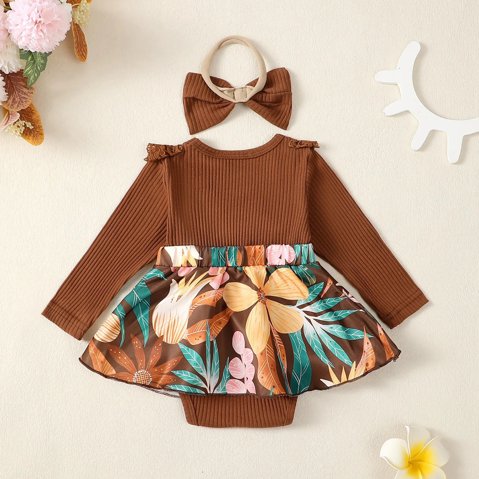 Infant Newborn Baby Girls Fall Romper Dress Lace Trim Long Sleeve Bow Crew Neck Floral Print Jumpsuit with Headband 0-24Months