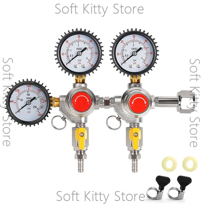 Dual Gauge Co2 Regulator,0-60 PSI x CGA320 Inlet Kegerator Beer Pressure Regulator with 2 pcs Hose Clips