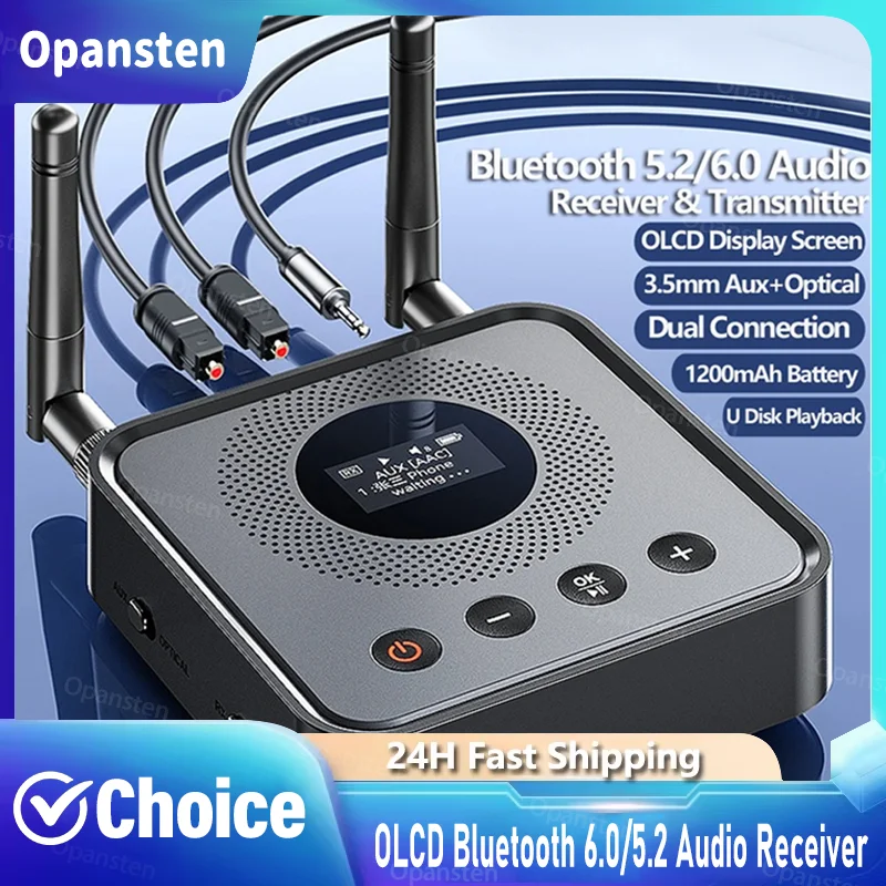 

Аудиоприемник-передатчик OLCD Bluetooth 6.0/5.2 с поддержкой AAC, aptX-LL/AD/HD, 3.5 мм Aux, оптический беспроводной стерео-плеер для музыки с поддержкой USB-накопителей