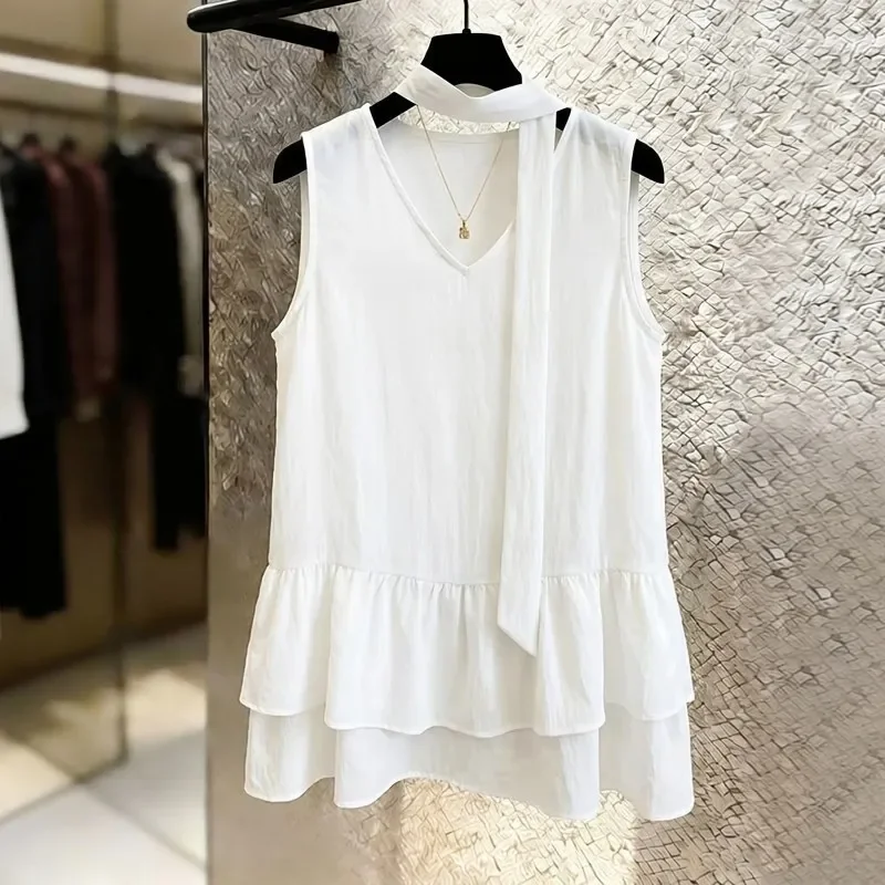 Gray Sleeveless V Neck Tank Top with Ruffle Hem and Tie Detail Casual Summer Women's Top