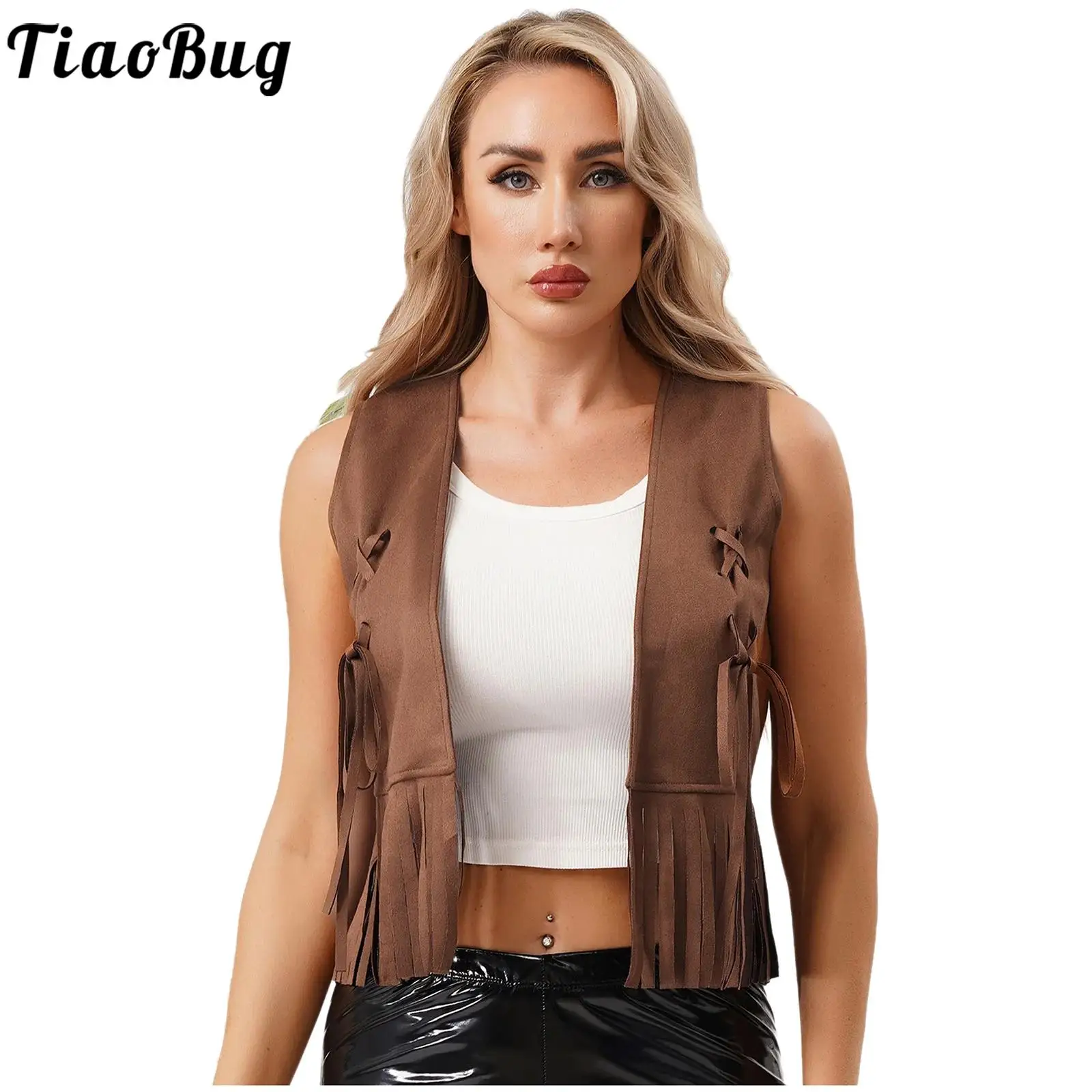 Women 70s Hippie Cowgirls Cosplay Costumes Crop Tank Top Brown Color Waistcoat Open Front Tying Decor Tassel Trim Cardigan Vest