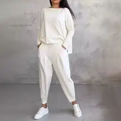 Women Round Neck Long Sleeved Top and Pants 2 Piece Set Jumpsuits Outfits Basic Loose Sports Tops and Pants Suits