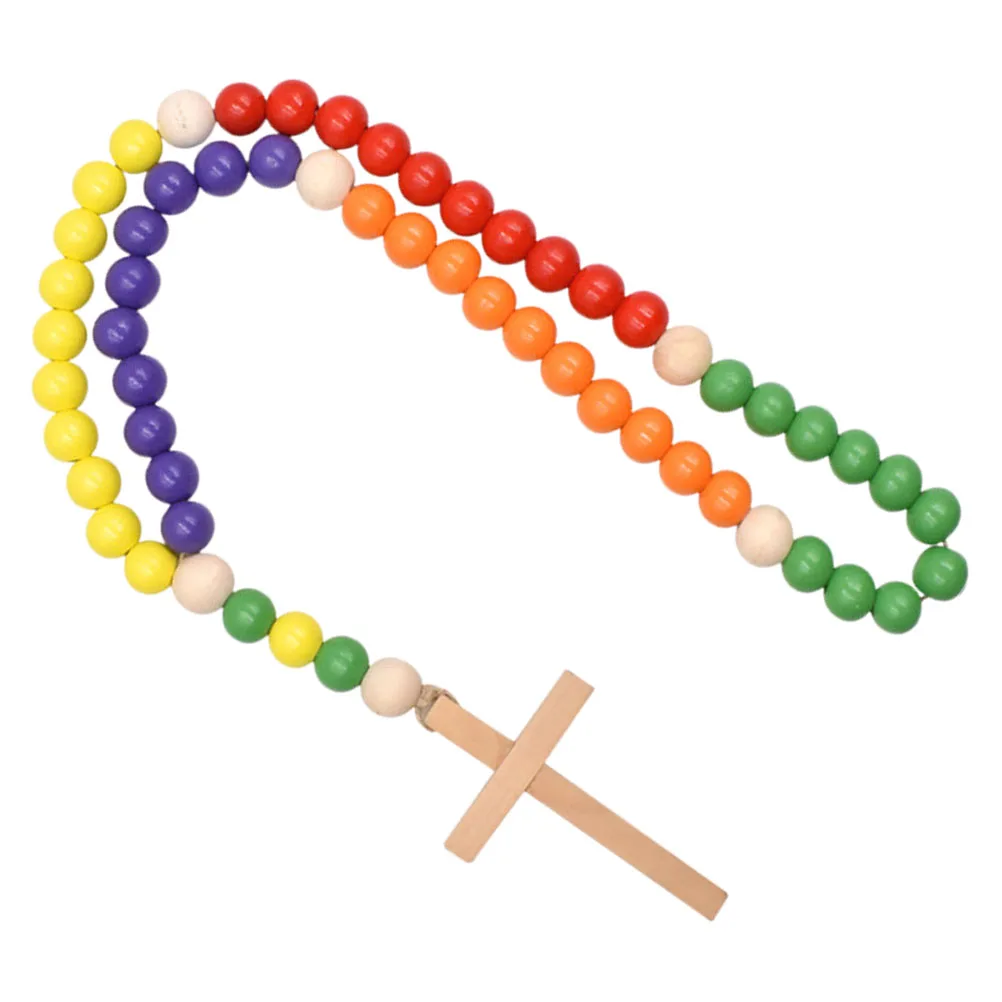 

Colorful Wooden Beads Decorative Cross Pendant Rustic Farmhouse Balcony Garden Everyday Life Hanging String nament