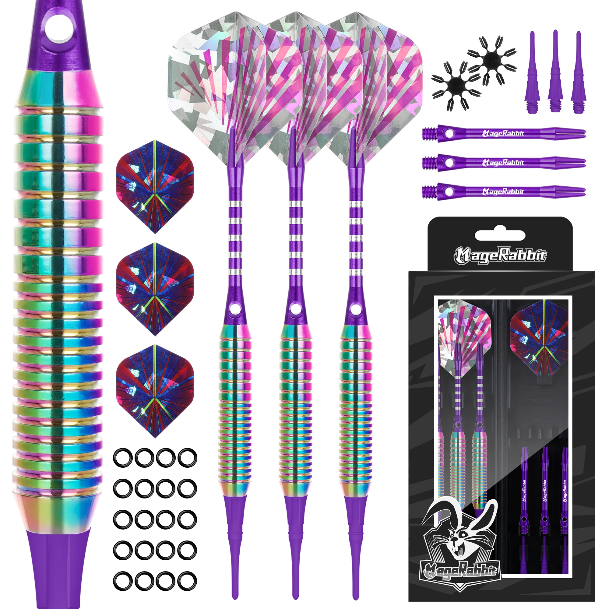 MageRabbit – jeu de fléchettes professionnelles en laiton souple, 3 barils de 16g 2BA, 6 arbres en aluminium, 6 vols en PET + 20 joints toriques + 6 embouts + 2 protecteurs