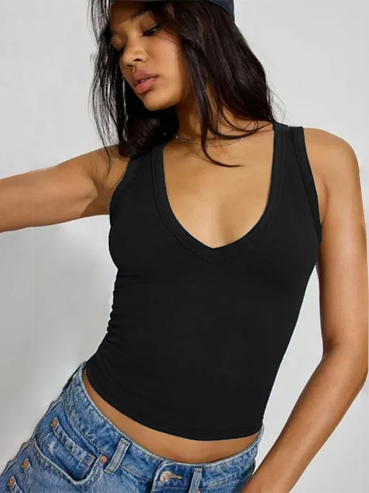 2025 Solid V Neck Straps Sexy Slim Crop Tank Top Summer Women Casual Clothes Streetwear Beach Vacation Fitness Yoga