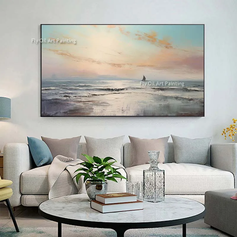 Beautiful Seascape Sailboats Sailing In The Distance Canvas Artwork Hand Painted Gray White Calm Sea Oil Painting For Wall Decor