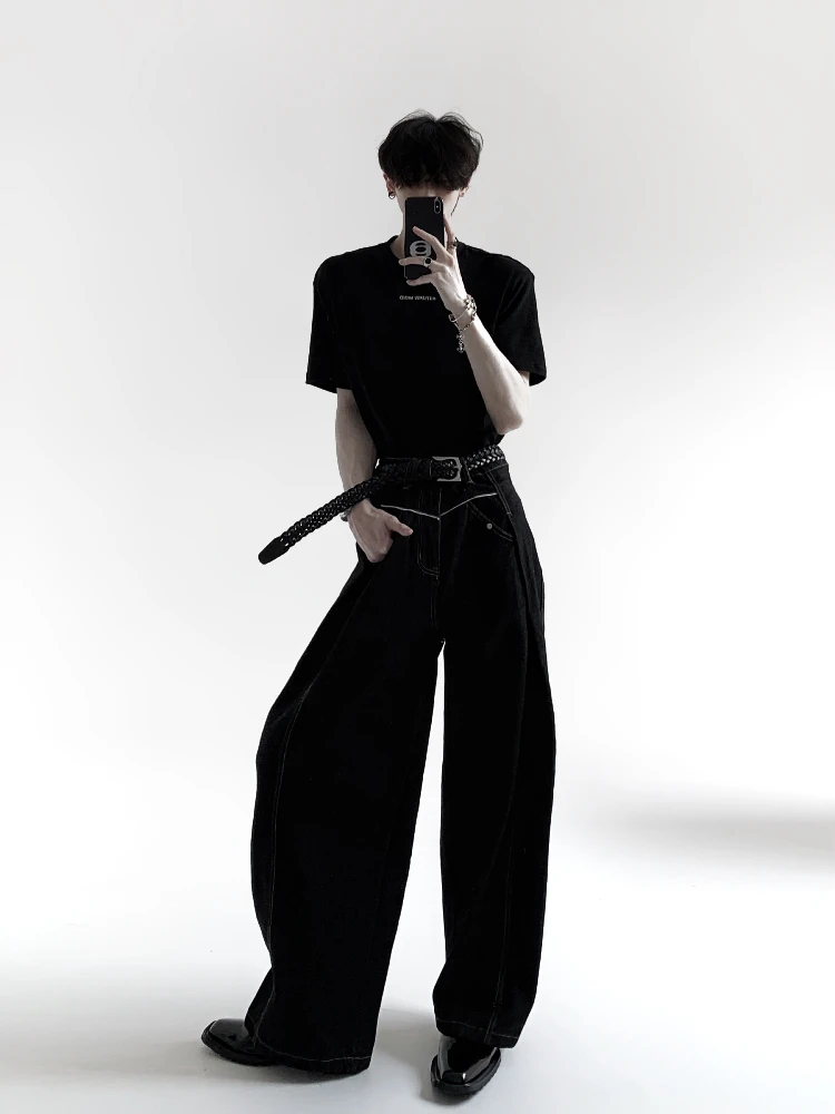 Autumn Mountain Wind Men's Wide Leg Denim Jeans 3D Silhouette Loose Retro Danning Pants High Waist Straight Tube Casual Jeans